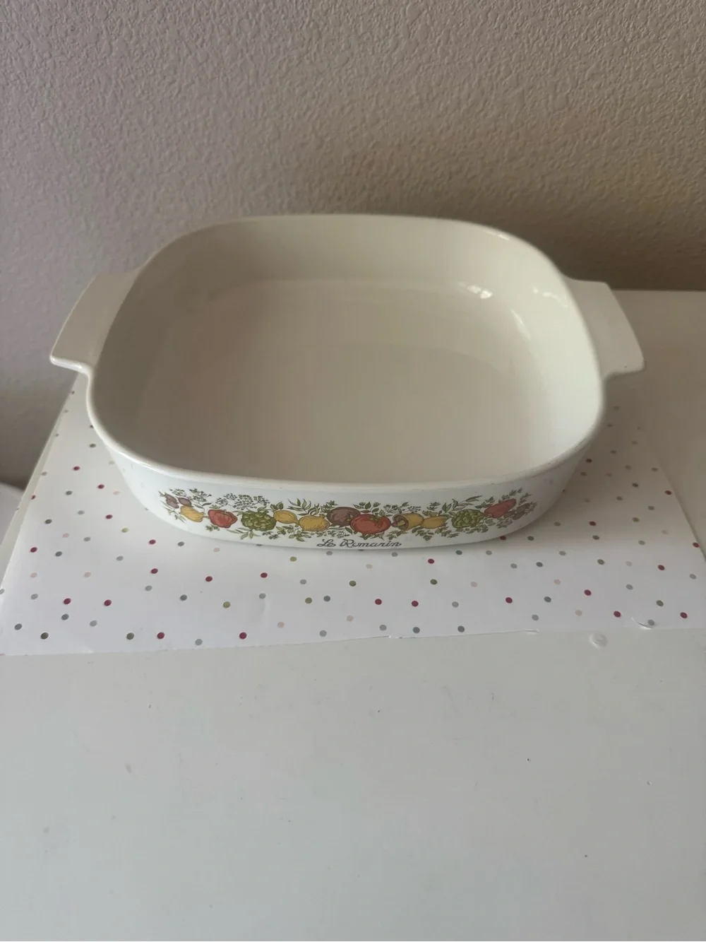 White Ceramic Square Baking Dish with Fruit Motif